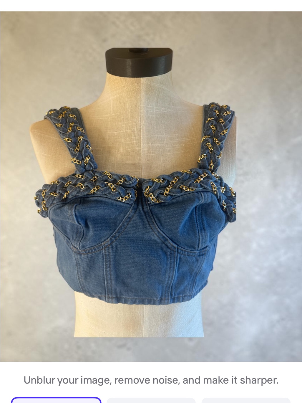 Pat Bo Gold-Chain Trim Denim Bustier Crop Top - Blue